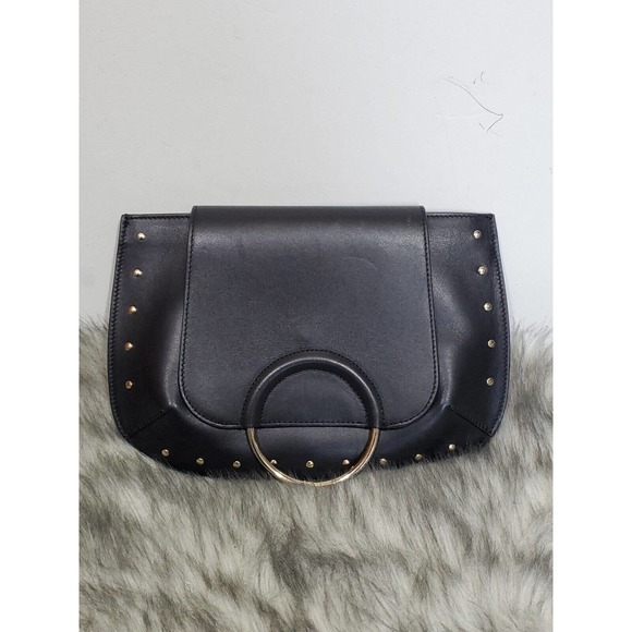 Jaeger Black Leather Silver Studs Inner Zip Pocket Snap Closure Clutch Purse - Picture 1 of 11